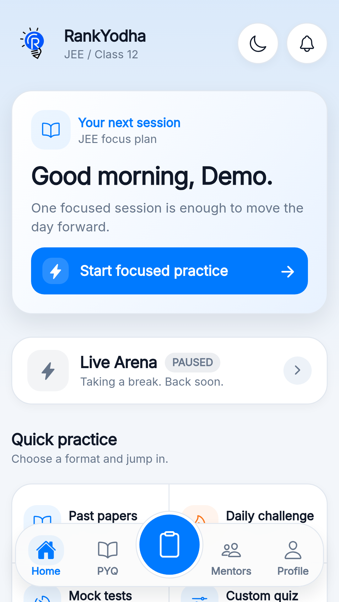 The RankYodha home screen: daily challenge, streak, and the practice formats.